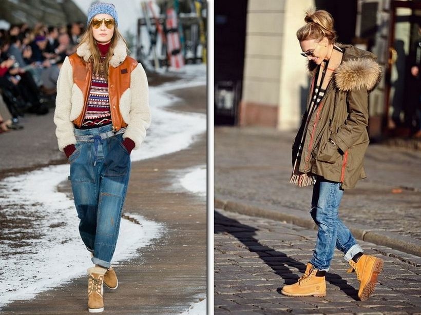 Высокие ботинки и джинсы зимой