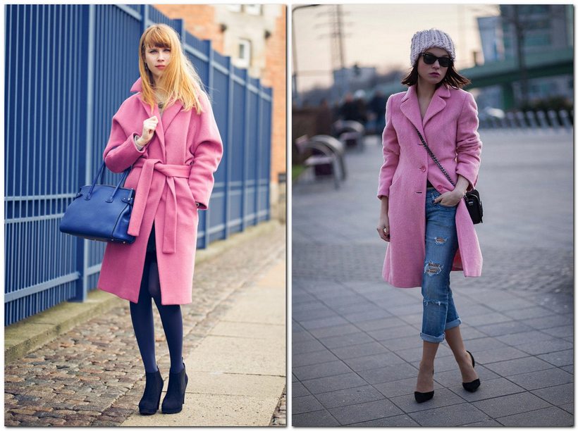Сочетание розового пальто с синим цветом в образе