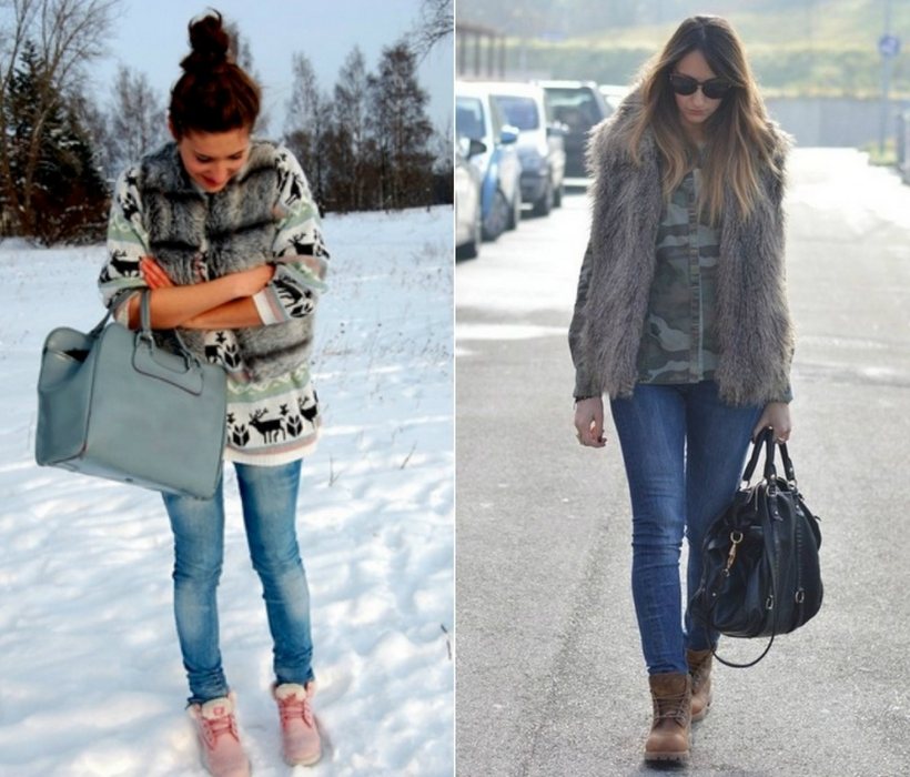 Как носить джинсы с ботинками зимой