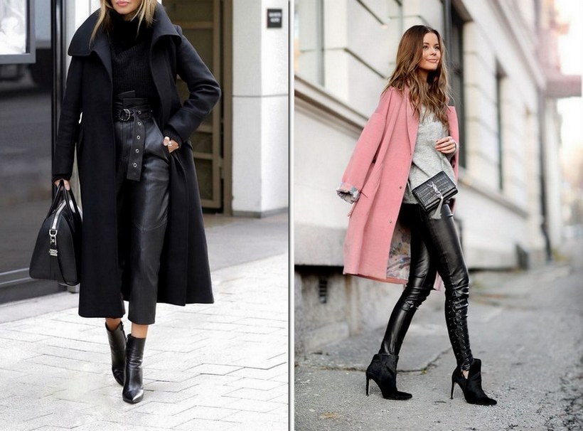 Женские кожаные штаны с пальто